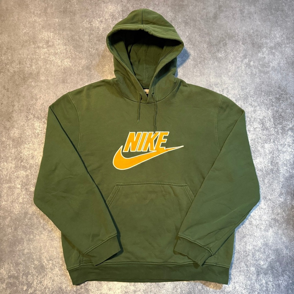 Vintage Nike Mens Embroidered Logo Hoodie Olive Green Yellow Size Medium Y2K